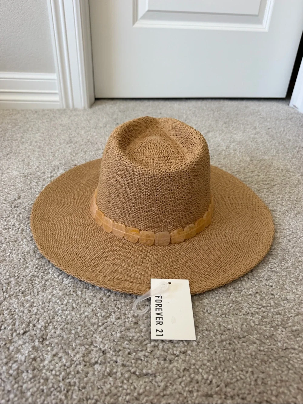Tan Straw Fedora with Amber Beaded Band